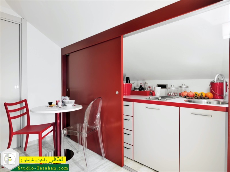 ترکیب رنگ سفید با قرمز در آشپزخانه